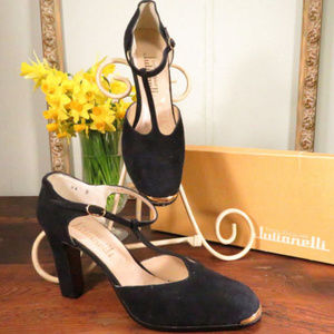 Vtg Shoes Sandals T Strap NIB 8 1/2 Black Suede